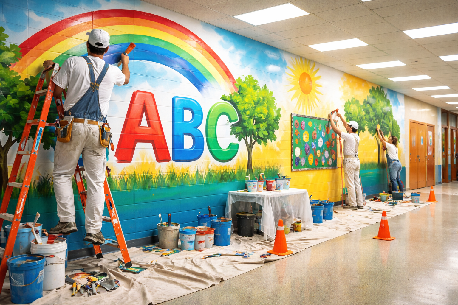 Hand-painted cartoon mural on a school corridor wall